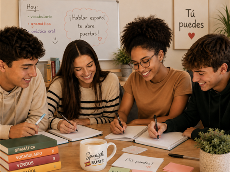 Students learning Spanish together in a small group class
